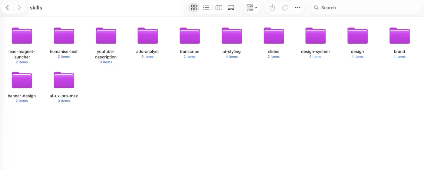 Twelve folders, twelve jobs. Some I wrote, some I installed. The model opens the one that matches and leaves the other eleven alone.
